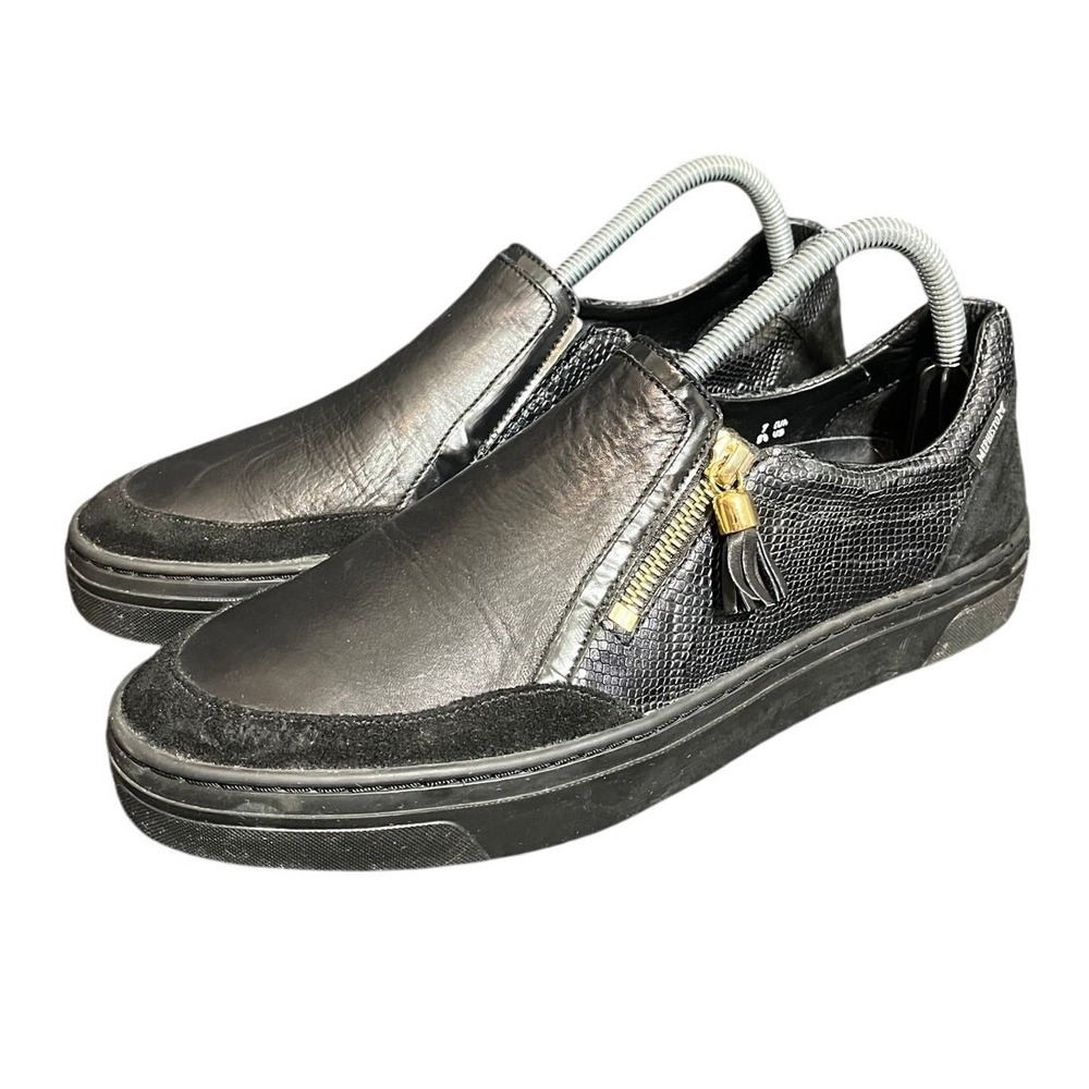 Mephisto Sneakers Womens 9.5 Black Leather Snakeskin Zip Tassel Low Top